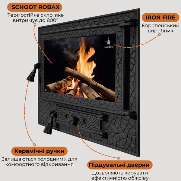 Дверцята чавунні для каміна з вогнетривким склом Iron Fire Дверцята топкові чавунні Panorama Lux 580х500 мм 1253 фото