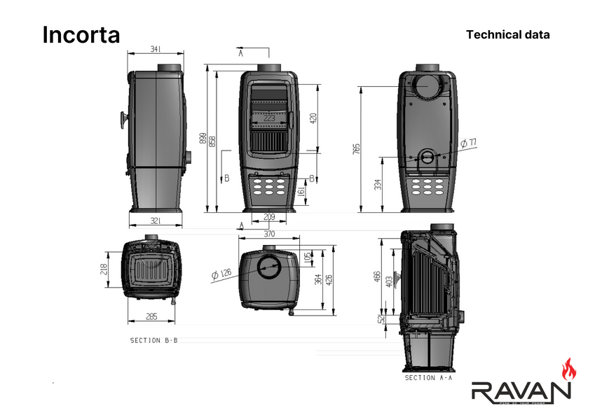 Чавунна піч RAVAN Incorta 10 кВт на дровах 12402 фото