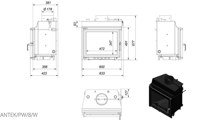 Камінна топка Kratki ANTEK PW 8 (8,0 кВт) ANTEK/PW/8/W фото
