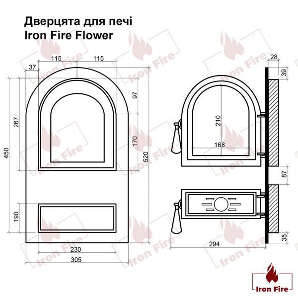 Дверцята чавунні пічні Flower Дверцята чавунні пічні Iron Fire Дверцята для печі зі склом 305х520 мм 1122 фото