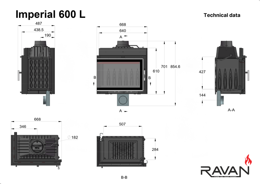 Чавунна камінна топка Ravan IMPERIAL 600 L на дровах 8 кВт 3174 фото