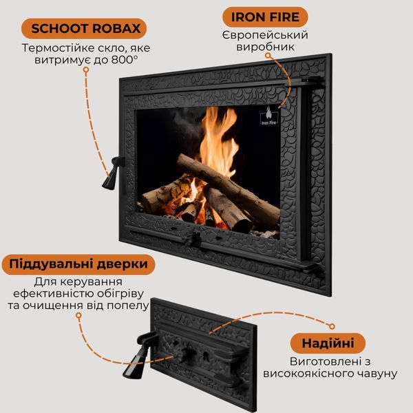 Комплект чавунні дверцята з вогнетривким склом Iron Fire Magnus 700x500 мм + піддувальні 375x175 мм 1471 фото