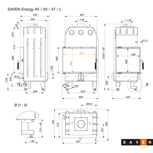 Камінна топка кутова SAVEN Energy 65х50х47L ліве бокове скло SE/65/50/47/L фото