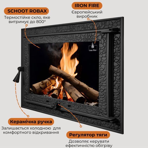 Дверцята чавунні для каміна з вогнетривким склом Iron Fire Дверцята топкові чавунні Magnus 700х500 мм 1250 фото