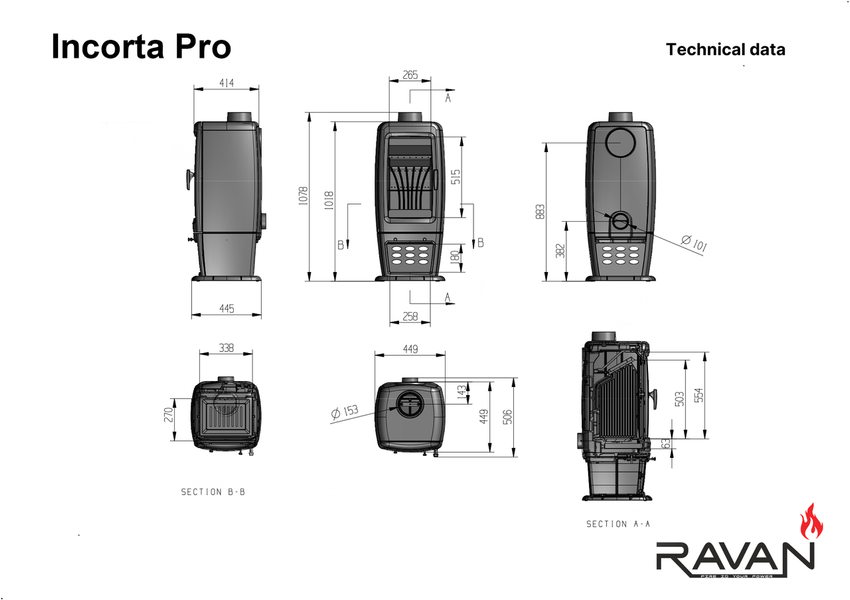 Чавунна дров'яна піч-камін RAVAN INCORTA PRO 14 КВТ 12434 фото