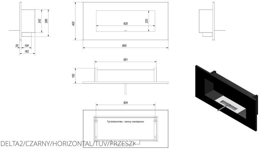 Біокамін Kratki DELTA 2 чорний HORIZONTAL з склом і з сертифікатом TUV DELTA2/CZARNY/HORIZONTAL/TUV фото